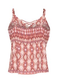 Top de damă fără mâneci în nuanțe de roz și crem, cu un model decorative, dotat cu bretele ajustabile, având un detaliu în cruce la guler și elastic cu striații.