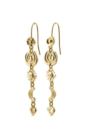 Gold dangling earrings with circular, sun, crescent moon, and heart-shaped charms linked vertically.