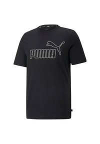 Camiseta negra de manga corta hecha de algodón con cuello redondo, presenta el logo blanco de "PUMA" y un gráfico de silueta en la parte frontal.