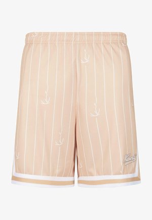 Svetlo roza kopalne hlače z belimi vertikalnimi črtami, ki vsebujejo subtilne vzorce listov, elastičen pas ter bele in zlato obrobe.