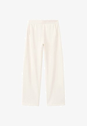 Pantaloni largi off-white cu talie elastică și buzunare laterale, confecționați dintr-un material moale și neted.