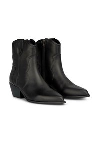 Botines de cuero negro hasta el tobillo con punta afilada, cierre con cremallera lateral y un tacón apilado de 2 pulgadas. Textura suave con detalles de costura decorativa.