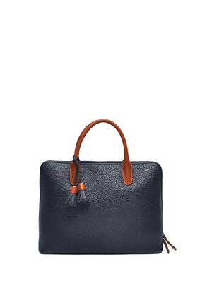 Marine leren handtas met een gestructureerd oppervlak, bruine accenten, dubbele handvatten en een decoratieve kwast. Ritssluiting aan de onderkant.