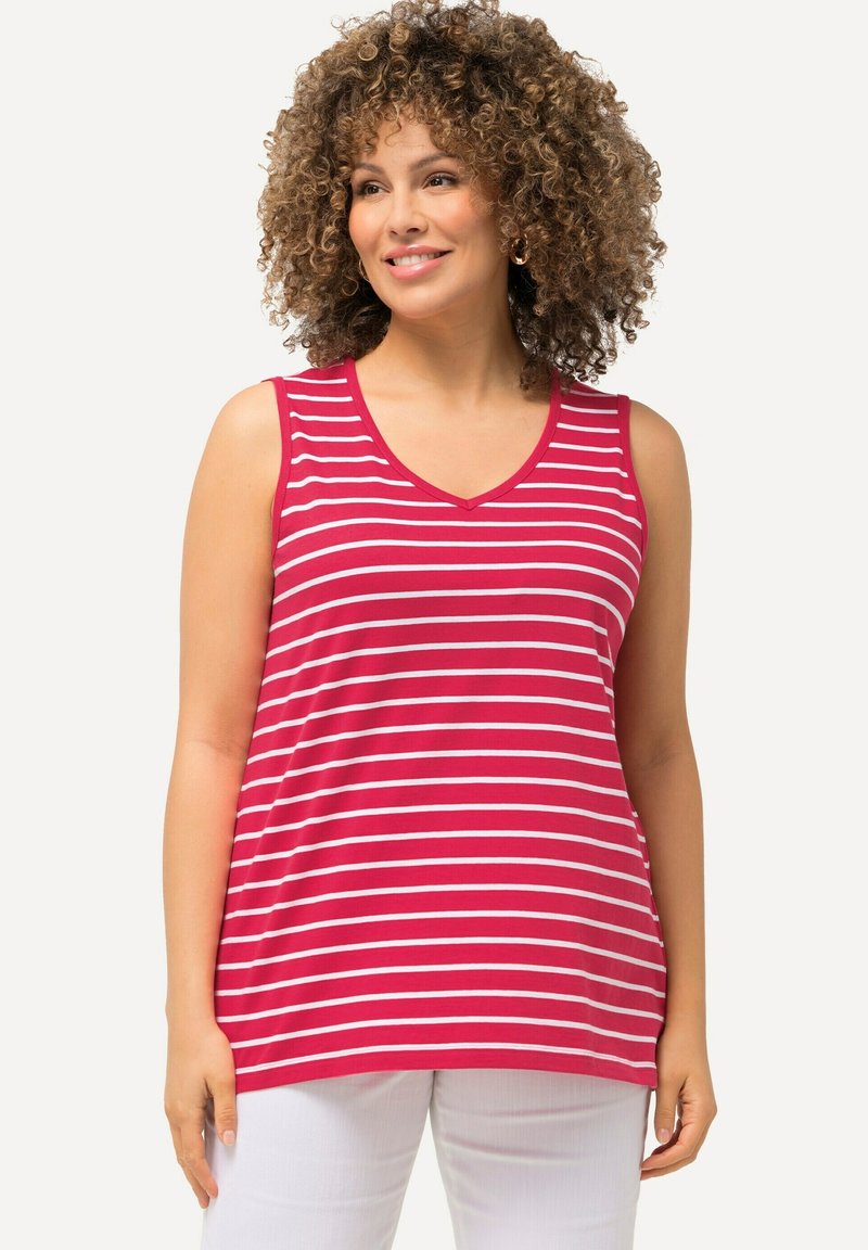 Rot-weiß gestreftes, ärmelloses Tanktop mit V-Ausschnitt aus weichem Stoff. Verfügt über eine lockere Passform und glatte Textur.