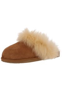 Tan suede slipper with a soft beige fur trim. Features a rounded toe and a flat sole, emphasizing comfort and warmth.