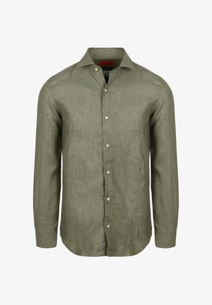 Olivengrünes Leinenhemd mit langen Ärmeln, klassischem Kragen und Knopfleiste vorne. Strukturiere Oberfläche und leichtes Material.