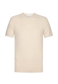 Cremfarbendes T-Shirt mit kurzen Ärmeln aus weichem Material, mit einem runden Halsausschnitt und einer glatten, leicht strukturierten Oberfläche. Einfaches Design, ohne Muster.