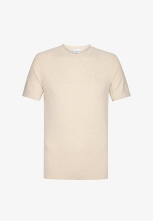 Kremowa koszulka z krótkim rękawem, wykonana z miękkiego materiału, z okrągłym dekoltem i gładkim, lekko chropowatym wykończeniem. Prosty design, bez wzorów.