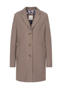 Brauner Wollmischungs-Mantel mit Reverskragen, drei vorderen Knöpfen, Taschendetails und einem Futter mit gepunktetem Muster in Blau- und Grautönen.