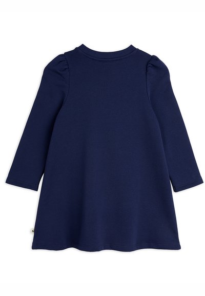 Navy blue long-sleeve dress made of soft fabric, featuring a simple round neckline and lightly gathered shoulders for added volume.