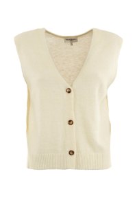 Cardigan senza maniche color crema con scollo a V, dotato di tre bottoni marroni e orlo a coste. Realizzato in un morbido tessuto a maglia.