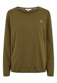 Oliwkowa zielona sweter z długim rękawem o okrągłym dekolcie i haftowanym logo. Materiał ma wyraźną teksturę prążków.