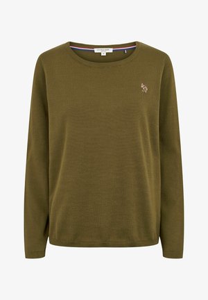 Olijfgroene trui met lange mouwen, een ronde hals en geborduurd logo-detail. De stof heeft een ribbeltextuur over de hele lengte.