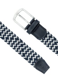Niebiesko-biały pleciony pasek materiałowy z metalową klamrą w kolorze srebrnym. Posiada skórzane akcenty na obu końcach, z wytłoczonym logo na skórze.