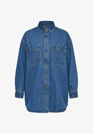 Blauwe denim blouse met lange mouwen, knoopsluiting aan de voorkant, twee borstzakken en een klassieke kraag.