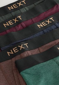 Cinque paia di slip da uomo in vari colori: verde, bordeaux, blu navy, grigio e maroon. Ognuno ha un elastico nero in vita con la scritta "NEXT" in oro.