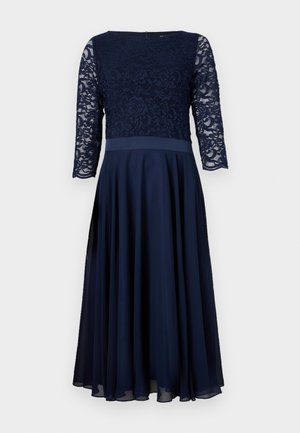 Navy blue dress featuring a lace bodice, three-quarter sleeves, and a flowing chiffon skirt. Smooth texture with a fitted waist.