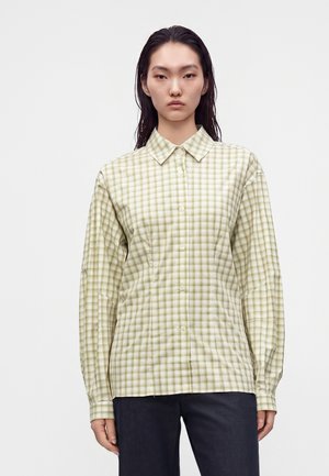 Jeune femme aux longs cheveux foncés portant une chemise à carreaux vert clair et blanc boutonnée et un pantalon foncé sur un fond uni.