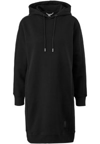 Robe hoodie noire à manches longues avec poches avant, poignets côtelés, capuche avec cordons de serrage, et coupe décontractée.