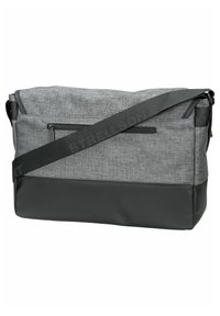 Grå stof messenger taske med en glat sort bund. Har justerbar skulderrem og udvendig lynlås lomme til opbevaring.