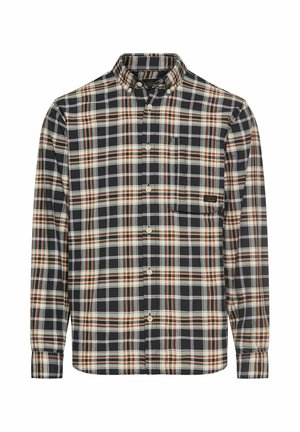 Long-sleeve plaid shirt in black, white, and orange, featuring a button-down collar and chest pocket. Soft fabric with a structured fit.
