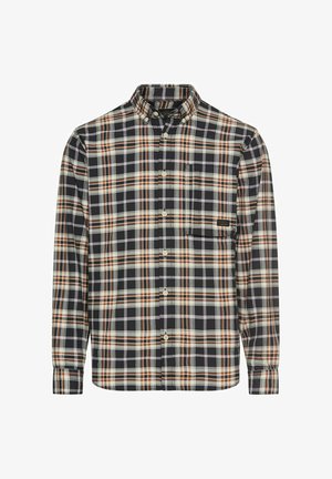 Langärmliges Karohemd in Schwarz, Weiß und Orange, mit einem Button-Down-Kragen und einer Brusttasche. Weicher Stoff mit einem strukturierten Schnitt.