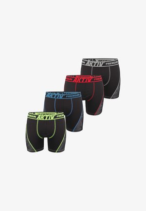 Shorts de boxe noirs avec des ceintures élastiques colorées : vert, bleu, rouge et gris, avec une texture lisse et des détails de surpiqûre contrastants.