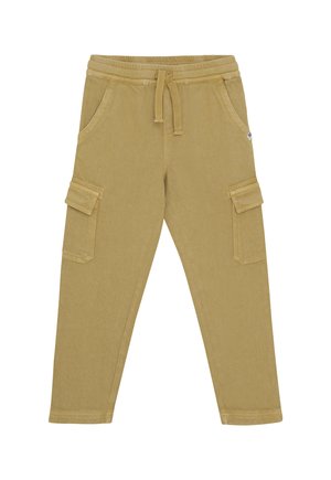 Khakhi cargo pants made of soft cotton blend, featuring two side pockets, two cargo pockets, drawstring waist, and ribbed cuffs.
