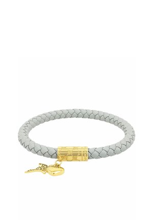 Bracciale intrecciato in pelle grigia con chiusura cilindrica in oro e due ciondoli d'oro: un cuore e una chiave.