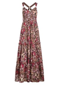 Maxiklänning i mörkbrun tyg med ett blommönster i röd, krämfärgad och teal. Har spaghetti-axelband och lager av volanger vid fållen.