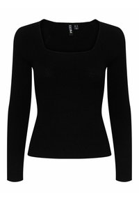 Top nero a maniche lunghe con texture a coste e scollatura quadrata. Il design aderente esalta la forma del corpo senza ulteriori decorazioni.