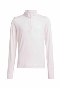 Pullover a maniche lunghe rosa chiaro con colletto alto, zip a metà e logo bianco sul lato sinistro del petto. Tessuto morbido e liscio con texture minima.