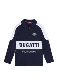 Polo a maniche lunghe blu navy con accenti bianchi, con zip a metà davanti e il logo "BUGATTI". Presenta un design sportivo e una texture di cotone morbida.