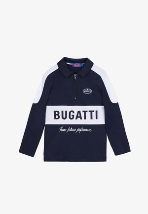 Polo a maniche lunghe blu navy con accenti bianchi, con zip a metà davanti e il logo "BUGATTI". Presenta un design sportivo e una texture di cotone morbida.