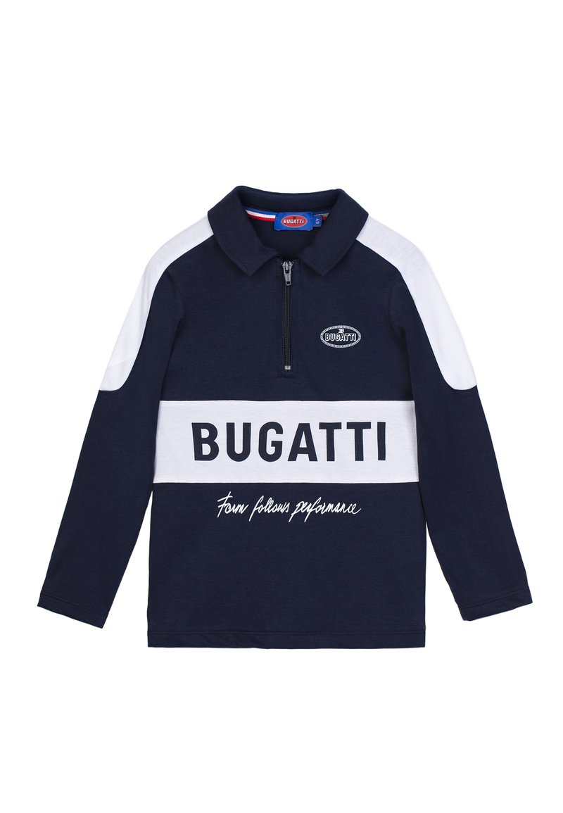 Polo a maniche lunghe blu navy con accenti bianchi, con zip a metà davanti e il logo "BUGATTI". Presenta un design sportivo e una texture di cotone morbida.