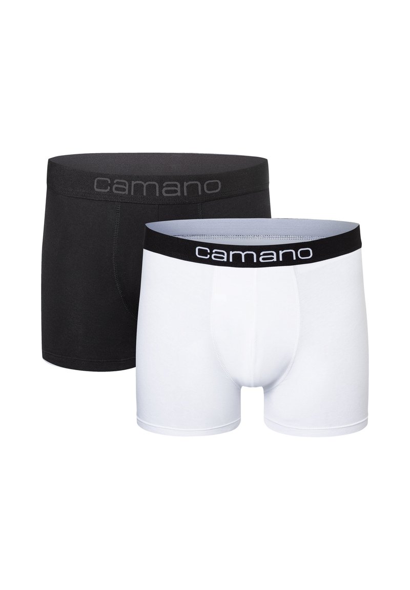 Due paia di boxer aderenti in cotone nero e bianco, con un elastico nero decorato con il logo "camano" in rilievo.