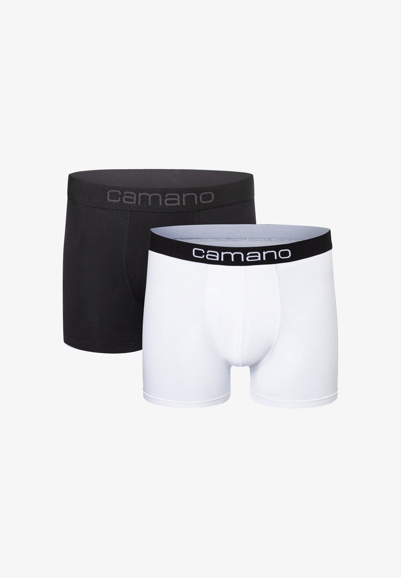 Due paia di boxer aderenti in cotone nero e bianco, con un elastico nero decorato con il logo "camano" in rilievo.