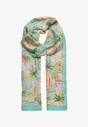 Leichter, rechteckiger Schal mit pastellfarbenen tropischen Drucken, darunter Palmen, Segelboote, Wellen und Ozeanmotive, eingefasst in sanftem Türkis.