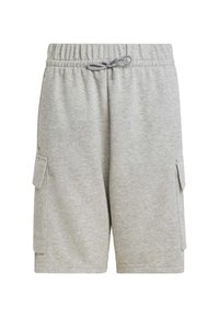 Gray cotton cargo shorts with an elastic waistband and adjustable drawstring, featuring side pockets and a soft texture.