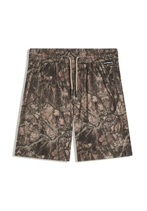 Barna és zöld árnyalatú terepmintás rövidnadrág, rugalmas derékrésszel, húzózsinórral és egy kis fehér logóval a bal lábszáron és a derék részen.