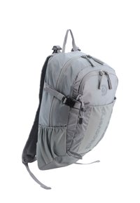 Gray backpack with a textured fabric, zippered compartments, adjustable straps, and a side pocket with gathered detail.