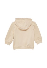 Felpa di colore beige chiaro con cappuccio arricciato, maniche a sbuffo e vita larga. Tessuto morbido con una superficie liscia. Senza tasche o decorazioni.