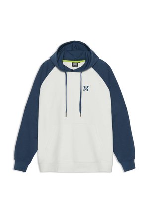 Pullover hoodie in white and navy. Features a kangaroo pocket, adjustable drawstring hood, and a small logo on the chest. Cotton blend material.
