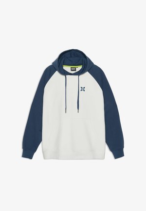 Sudadera con capucha en blanco y azul marino. Cuenta con un bolsillo tipo canguro, capucha ajustable con cordón y un pequeño logo en el pecho. Material de mezcla de algodón.