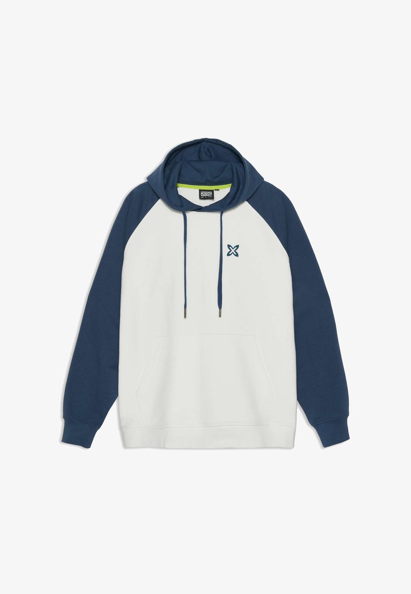 Sweat à capuche blanc et marine. Comprend une poche kangourou, une capuche réglable avec cordon de serrage, et un petit logo sur la poitrine. Matière en mélange de coton.