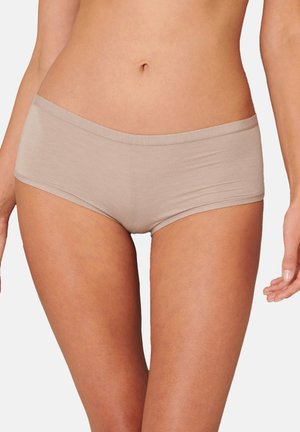 Beige Baumwoll-Hipster-Unterwäsche mit glatter Textur, ausgestattet mit einem weichen elastischen Bund und ohne sichtbare Nähte.