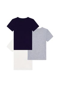 Pakke med tre crew-neck t-skjorter i mørk marinblå, lys grå og hvit. Laget av bomull, med korte ermer og en glatt tekstur.