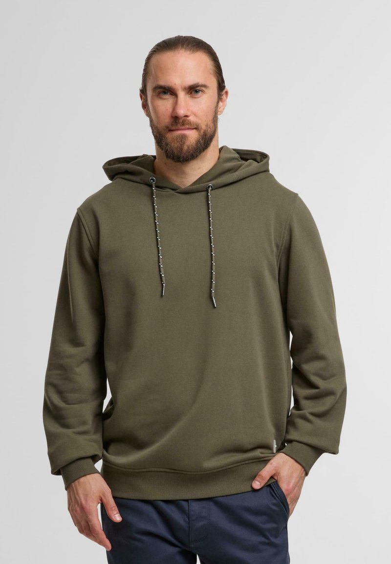 Olive green hoodie with a front pocket, drawstrings, and ribbed cuffs. Made of soft fabric with a relaxed fit and minimal detailing.