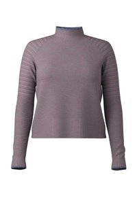 Maglione a collo alto grigio chiaro in maglia con texture a coste, caratterizzato da un corpo uniforme e maniche a righe, e un bordo blu a contrasto al colletto.