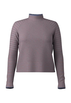 Lys grå strikket turtleneck sweater med ribbet tekstur, der har en ensfarvet krop og stribede ærmer, samt en kontrastblå kant ved kraven.